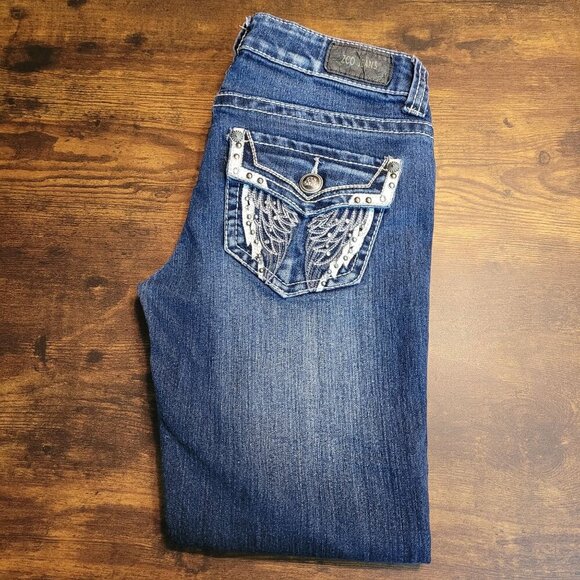 ZCO Jeans 3 Capri Low Rise Wings Embellished Low Rise Medium Wash Denim Western - Picture 2 of 10